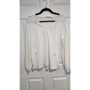 White Long sleeve Light Shirt Top Tassel Tie V-Neck Size 8 Tunic Summer Linen